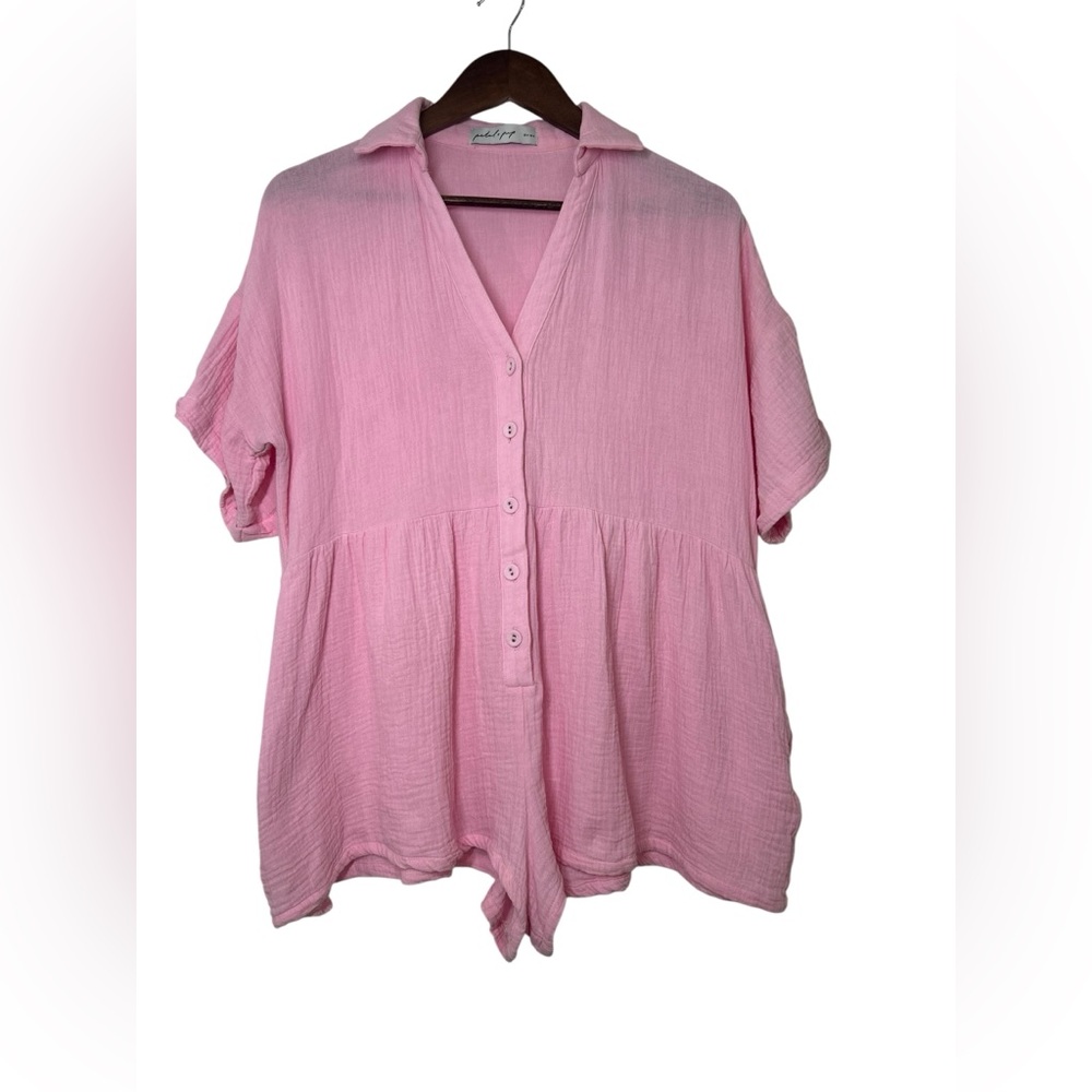 Petal & Pup Pink Winny Crinkle Cotton Button Up Romper Size 4 Short Sleeve